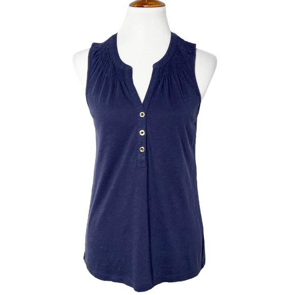 Lilly Pulitzer Tops - Lilly Pulitzer Navy Blue Ruched Smocked Split Neck Sleeveless Tank Top